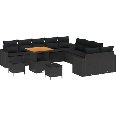 Image of vidaXL 13 Piece Garden Sofa Set with Cushions Black Poly Rattan Acacia