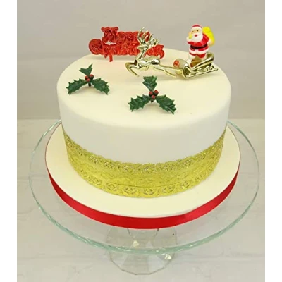 Image of Christmas Decoration Topper Santa Sleigh Holly Red Motto Traditional Cake Frill Gold Band Complete Set