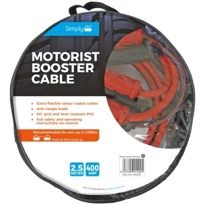 Image of Simply SM400 Zip bag Motorist Jump leads Booster Cable 400AMP 2.5M Long Anti tangle Oil acid and heat resistant PVC Fully Insulated Metal Clips Operating Instructions