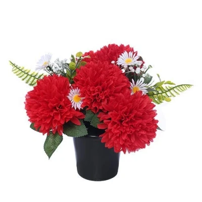 Image of 25cm Artificial Red &amp; White Chrysanthemum/Mum and Daisy Grave Flower Pot Vase Insert Memorial