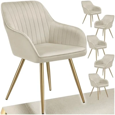 Image of TecTake® Set of 6 Dining Chairs with Quilted, Velvet Look Covers, Armchair Continuous Backrests, Gold Steel Legs &amp; Soft Padding, Ideal as Room, Kitchen Desk Cream/Gold