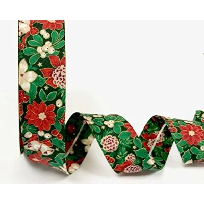 Image of Green Holly Christmas Pattern 100% Cotton 30mm Bias Binding by Fany on a 25m Roll