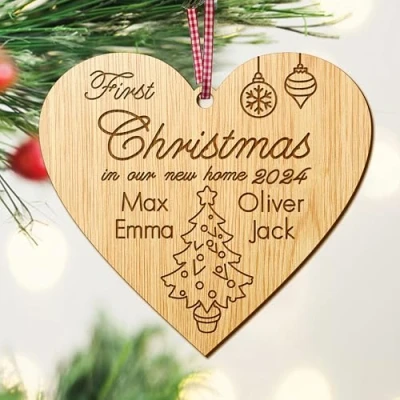 Image of Personalised 1st Christmas in our new Home Bauble First Xmas decoration for house housewarming gift Wooden Tree Ornament Hand Finished UK(Heart)