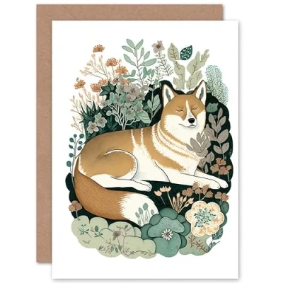 Image of Artery8 Shiba Inu Dog Lying in Flower Field Modern Stylised Illustration Art Birthday Sealed Greeting Card Plus Envelope Blank inside