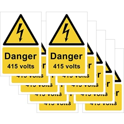 Image of Pack of 10 self adhesive vinyl safety signs 90mm x 140mm Danger 415 volts