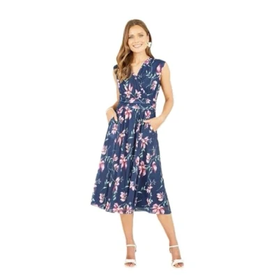 Image of Yumi Navy Floral Print Mesh Stretch Midi Dress with Pockets 12