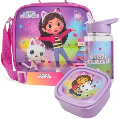 Image of Get Trend Gabby’s Dollhouse Lunch Bag Set for Kids 3 Pcs with Snack Box BPA Free 400ml Water Bottle Insulated Travel Picnic Nursery School Supplies (Gabby’s Dollhouse)
