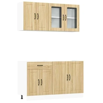Image of vidaXL Kalmar Sonoma Oak Kitchen Cabinet Set, 4 Piece, Engineered Wood &amp; Glass, Adjustable Feet