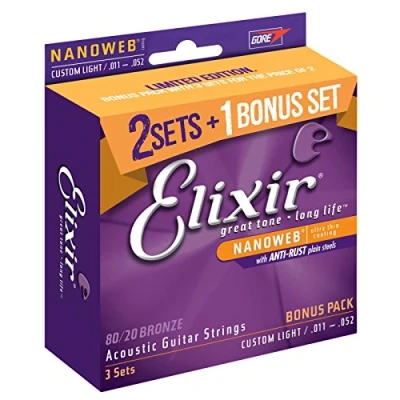 Image of Elixir Strings, Acoustic Guitar 80/20 Bronze with NANOWEB Coating, Longest Lasting Bright and Focused Tone Comfortable Feel, 3 Pack, Custom Light 11 52