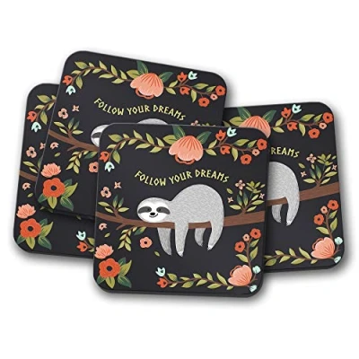 Image of 4 Set Funny Lazy Sloth Coaster Dreams Cute Flowers Mum Sister #13267