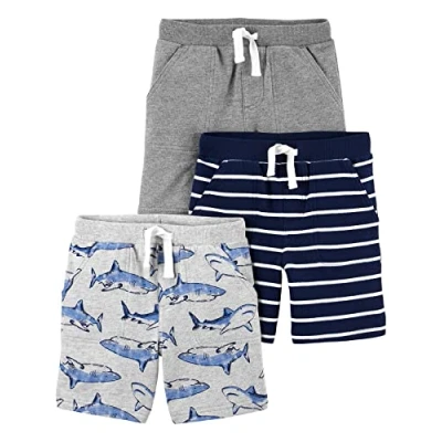 Image of Simple Joys by Carter&#039;s Baby Boys&#039; Multi Pack Knit Shorts, Grey/Light Grey Heather Sharks/Navy Stripes, 6 9 Months (Pack of 3)