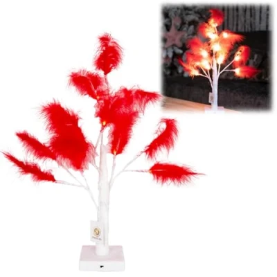 Image of SHATCHI 55cm Red Feather Tree Table Lamp Warm White LEDs Lighted Pampas Battery Operated Decorative Night Light for Christmas, Home, Events, Holiday Decorations