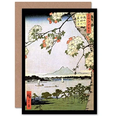 Image of Wee Blue Coo PAINTING JAPANESE WOODBLOCK CHERRY BLOSSOM SHIPS ON WATER GREETINGS CARD