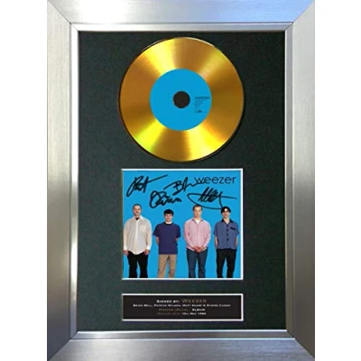 Image of #193 Weezer blue GOLD Cd Signed Autograph Mounted Cover Record Reproduction PRINT A4 Rare Perfect Birthday (297 x 210mm) (Silver Frame)