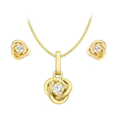 Image of Carissima Gold Women&#039;s 9 ct Yellow Cubic Zirconia Spanish Swirl Earrings and Pendant on Curb Chain Necklace of 46 cm/18 inch