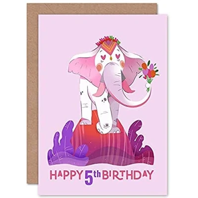 Image of Wee Blue Coo Elephant Flower Birthday 5th Greetings Card
