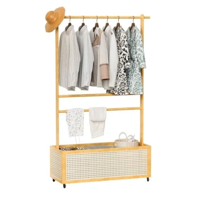 Image of PERZOE Open Wardrobe,Clothes Rail for Bedroom,Clothes Rack with 2 Bottom Shelves Storage, 360 Degree Hanging Clothes,Coat Stand Garment Bedroom Hallway Living Room Wooden C