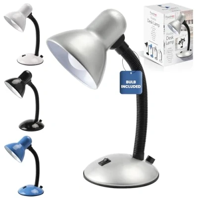 Image of Powatron Flexible Desk Lamp Classic Bedside Table Reading Flexi Neck Study Light for Home Office Bedroom with UK Mains Plug E27 Bulb Integral On/Off Switch Traditional Silver