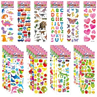 Image of Jsdoin 50 Sheets Puffy Stickers for Kids, 1000+ Children 3D Party Bag Filler Rewarding Gifts Scrapbooking Including Animals Letter Fish Dinosaurs Numbers Fruits Trucks Airplane