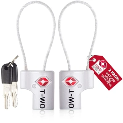 Image of TSA Approved Luggage Locks Suitcase (2 Pack) OW Travel Cable Padlock with Keys Made from Heavy Duty Zinc Alloy for Suitcase, Zipper, Luggage, Bag, Case, Backpack, Gym Locker, Tool Box (Silver)