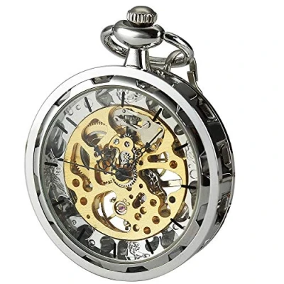 Image of VIGOROSO Mens Classic Steampunk Gold Skeleton Hand Wind Mechanical Pocket Watch