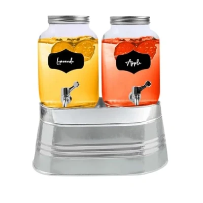 Image of 2 x 4L litres Glass Drink Dispenser with Silver Ice Bucket + Tap/Lid Water for Juices, Cocktails, Lemonade &amp; (Farmhouse Fresh)