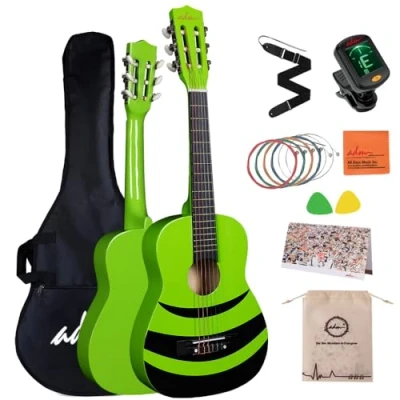 Image of ADM 1/4 Kids Classical Guitar Kit, 30&quot; Junior Set for Beginnners with Gig Bag, Clip on Tuner, Strap, Picks, Extra Strings, Storage Bag and Cleaning Cloth (Green Honey Bee)