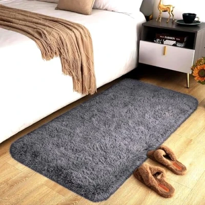 Image of Hafaa Rugs Living Room Fluffy Grey Shaggy Area for Bedroom Super Soft Small Thick Pile Non Slip Shedding Rug Plush Carpet Dining Room, 50cm x 80cm