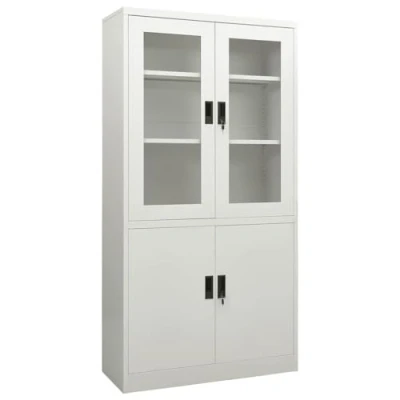 Image of vidaXL Office Cabinet Steel, Tempered Glass, Filing Design, Adjustable Shelves, 2 Locks, Light Grey, Ideal for Organised File Storage