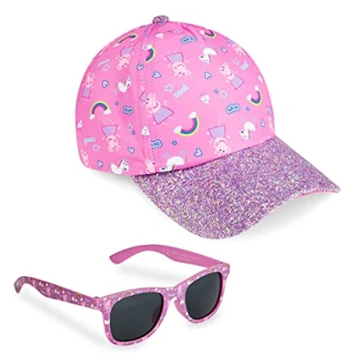 Image of Peppa Pig Girls Summer Hat &amp; Kids Sunglasses, Rainbow Unicorn Pink Baseball Cap Sunglasses