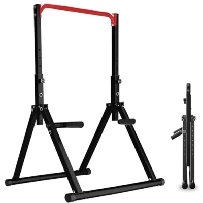 Image of DOBESTS Foldable Power Tower Pull Up Bar Dip Station Adjustable Multifunctional Fitness Equipment for Home Gym Strength Training 700 LBS, Triangular Legs (011,red)
