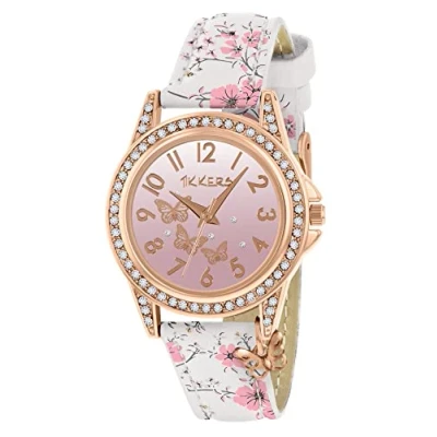 Image of Tikkers Rose Gold Case Flower Printed Butterfly Charm Watch NTK0029