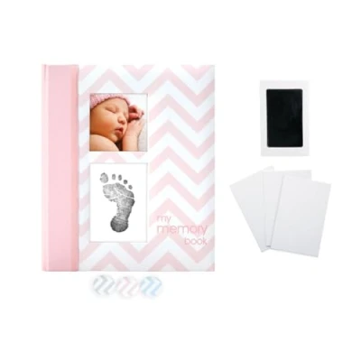 Image of Pearhead First 5 Years Chevron Baby Memory Book with Clean Touch Safe Ink Pad for Handprint or Footprint, Girl Keepsake Book, Imprint Kit Included, Pink, UK English Version