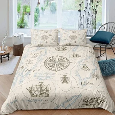 Image of Homewish Kids Nautical Duvet Cover Anchor Compass Comforter for Boys Girls Teens Adult Retro Sailboat Bedding Set Pirate Boat Marine Route Quilt Lightweight Double