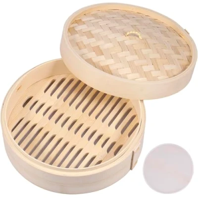 Image of Eummy Bamboo Steamer Basket 10 Inch Dumpling Chinese Food Steamers with Lid and Steaming Cloth Strong Durable Vegetable Best for Dim Sum, Vegetables, Meat Fish(1 Tier)
