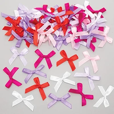 Image of Baker Ross Satin Self Adhesive Bows Pack of 102, Kids Craft Supplies (FC307), Assorted, 4 cm