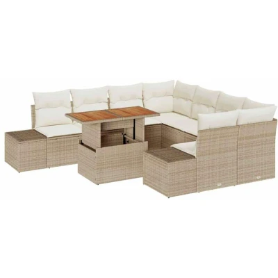 Image of vidaXL 9 Piece Garden Dining Set with Cushions Beige Poly Rattan Acacia