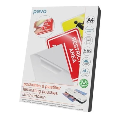 Image of Pavo Self Adhesive Laminating Pouches A4 2x100 mic, Pack of 100 Gloss