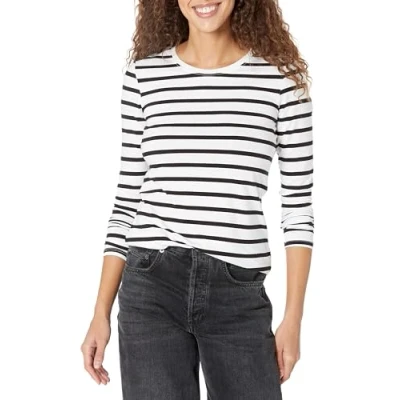 Image of Amazon Essentials Women&#039;s Classic Fit Long Sleeve Crewneck T Shirt (Available in Plus Size), Black/White Stripes, XXL