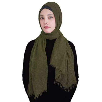 Image of Lina &amp; Lily Plain Colour Crepe Crinkled Scarf Hijab with Frayed Edges (Army Green)
