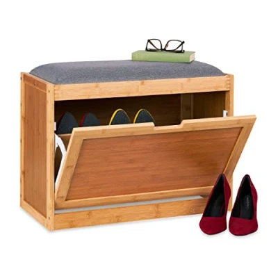 Image of Relaxdays Shoe Bench with Large Seat, Slipper for Hallway, 2 Adjustable Shelves, Bamboo, 49 x 63 23.5cm, Natural/Grey