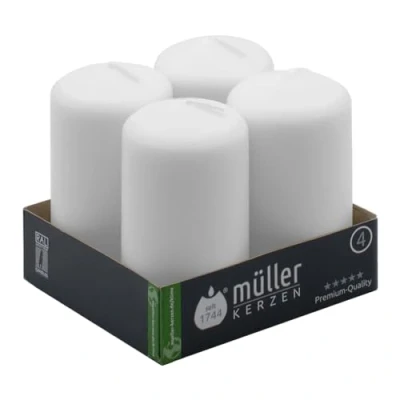 Image of Müller Small Pillar Candles Set of 4 Unscented White in Bulk 4,8 x 9 Cm 16 Hours Long Burning Decorative Dripless Wax Smokeless Wick RAL Quality Made Germany