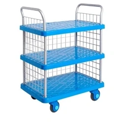 Image of Proplaz Three Tier Trolley Mesh Side Ends Silent Castors Blue/Grey
