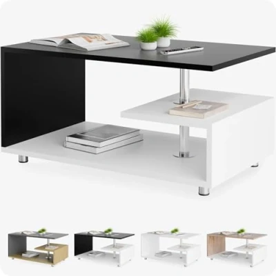 Image of CASARIA® Wood Modern Coffee Table 3 Tiers Shelf Storage Space Height Adjustable 95x55 cm Wooden, Scratch Resistant Side for Living Room Black &amp; White