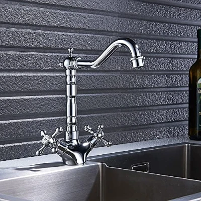 Image of Victorian Traditional Twin Cross Handle Kitchen Sink Mono Mixer Tap