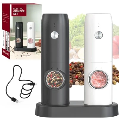 Image of CIRCLE JOY Electric Pepper Grinder Mills, Rechargeable Salt and Set with Charging Base, Ceramic Grind Adjustable Coarseness, Automatic for Home, Kitchen, Black White