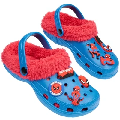 Image of Marvel Spiderman Boys Winter Clogs, Fleece Lined Clogs Garden Shoes Gifts for (Blue/Red Spiderman, 10/10.5 UK)