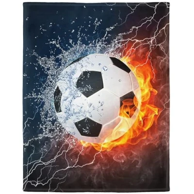 Image of YISUMEI Blanket 150 x 200 cm Soft Flannel Fleece Bed Throw Sport Series Soccer Football Fire Flash