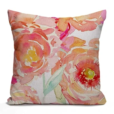 Image of Tomda Cushion Cover Peach Peony Cotton Linen Square Throw Pillow Case Standard Pillowcase for Men Women Home Decorative Sofa Armchair Bedroom Livingroom 45x45cm 18x18 Inch