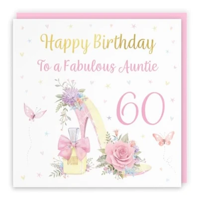 Image of Hunts England 60th Auntie High Heel And Perfume Birthday Card Luxury Gold Foil Milo&#039;s Gallery Age 60 Butterflies, Flowers, Hearts Pretty For Sixty